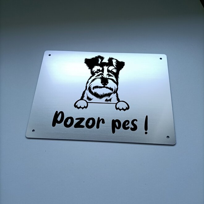 Strieborná tabuľka Pozor pes – vykúkajúci bradáč