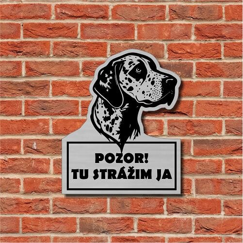 Tvarovaná strieborná tabuľka s hlavou dalmatína a nápisom Pozor! Tu strážim ja