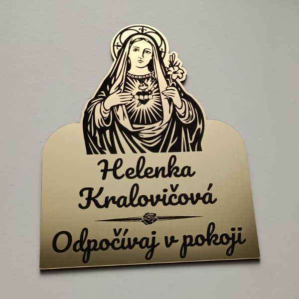 zlatá tvarovaná tabuľka na hrob s Pannou Máriou a nápisom Odpočívaj v pokoji