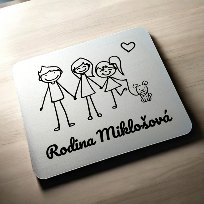 Menovka na dvere rodičia a dcéra so psíkom