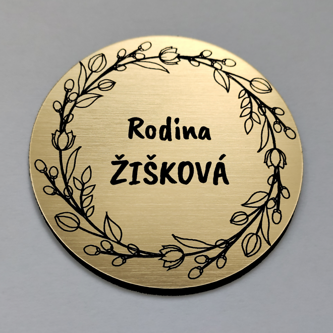 zlatá okrúhla menovka na dvere Floral Round s kvetinovým vencom
